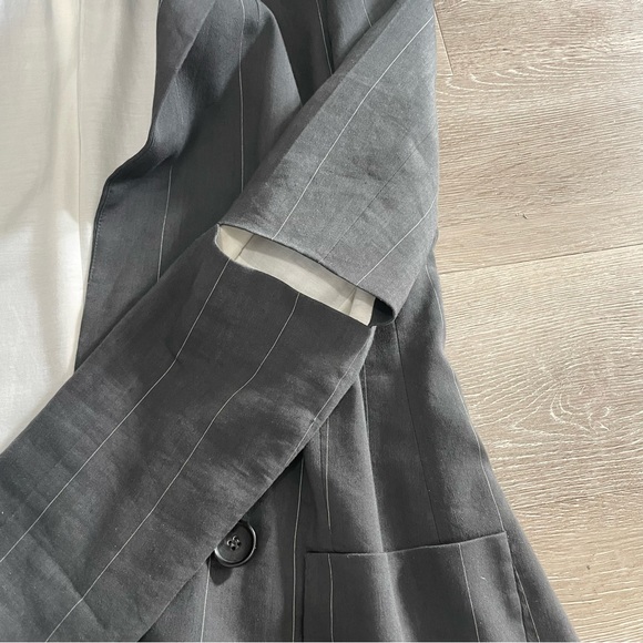 Tibi Gray Linen Blend Pinstripe Double Breasted Blazer Elbow Cutouts - Picture 5 of 10
